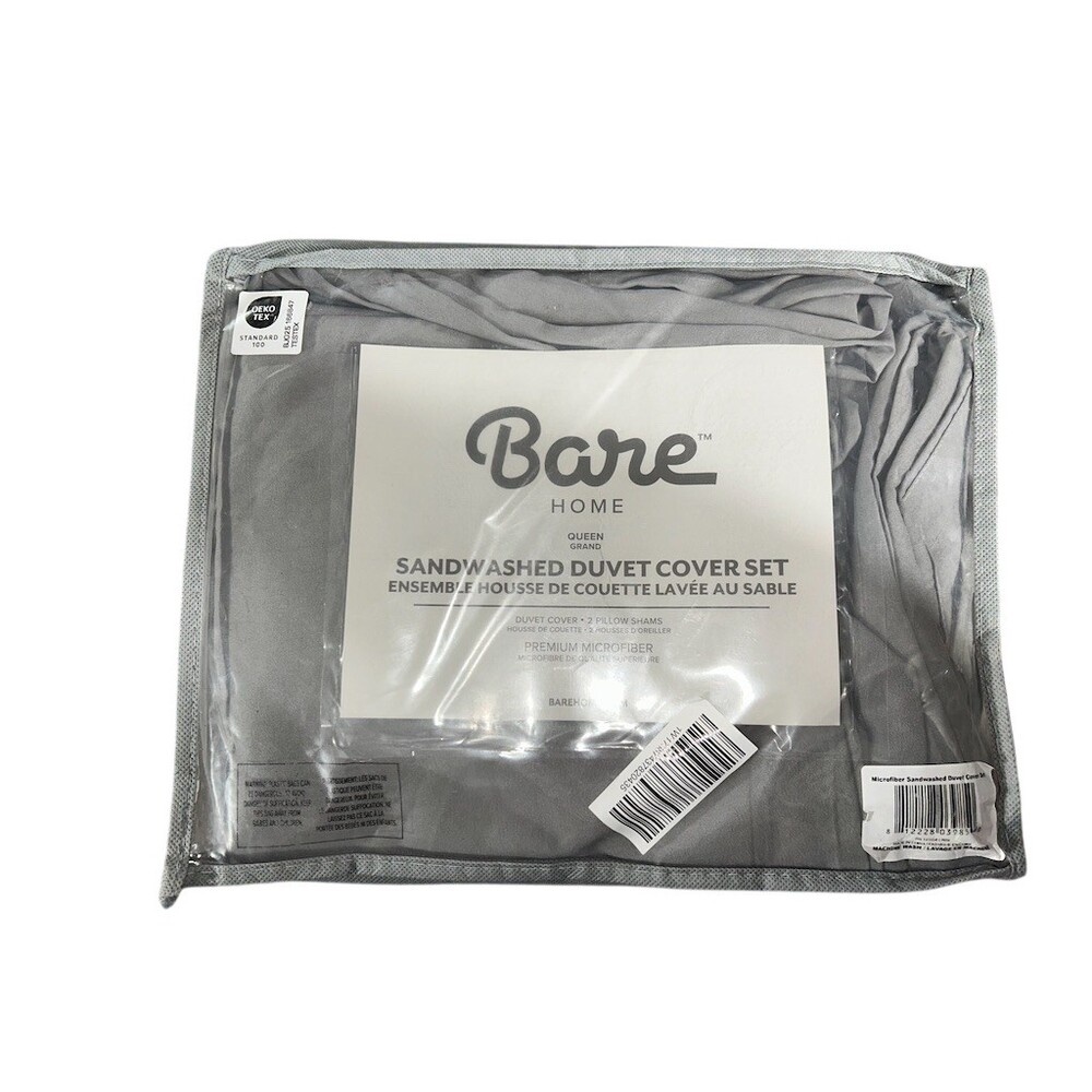 Open box! Bare Home Duvet Cover Set Queen 90x90 Gray Solid Sandwashed w/ 2 Shams - Picture 2 of 3